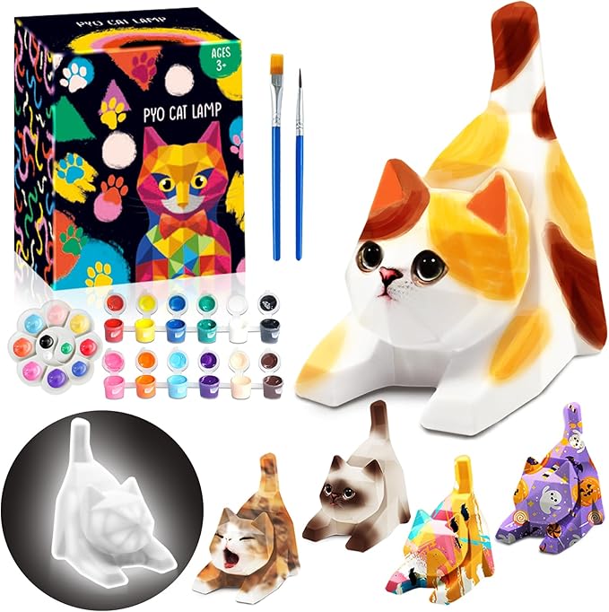 FUNZBO 4.3in Paint Your Own Cat Lamp Kit - Easter Basket Stuffers, Arts and Crafts Supplies Painting for Kids Teens, DIY Night Light Toy for Girls Boys Age 3 4 5 6 7 8 9 10 11 12 13 Birthday Gifts
