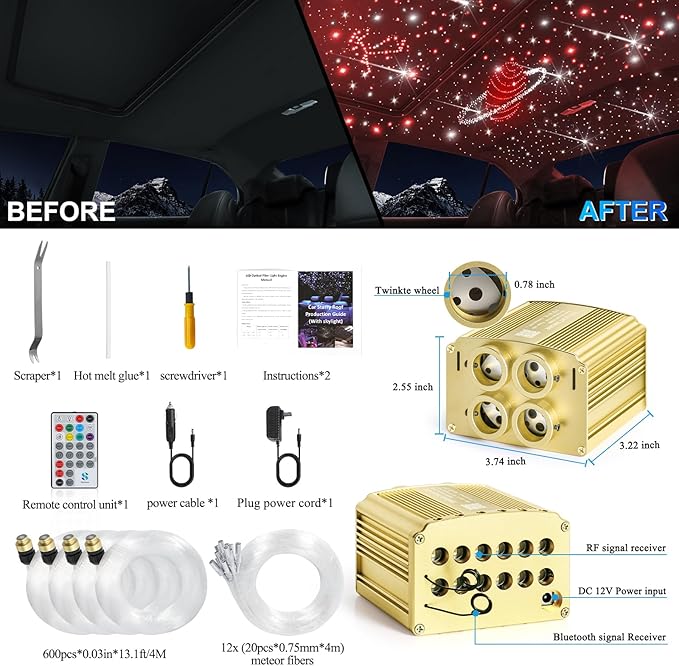 Car Starlight Headliner Kit, 4 Colors 32W Twinkle & Meteor Fiber Optic Shooting Stars Lights, 2 in 1 Light Engine 600pcs*0.03in*13.1ft+240 RGBW 4 Port Ceiling Starlights for Car Home Roof Décor