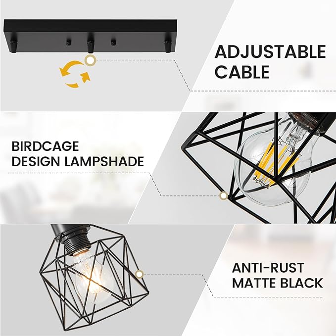 3-Light Hanging Pendant Light Fixtures, Farmhouse Kitchen Island Light Fixture, Industrial Hanging Pendant Lighting for Dining Room Bedroom Hallway, Black Metal Cage Pendant Lamp, E26 Base