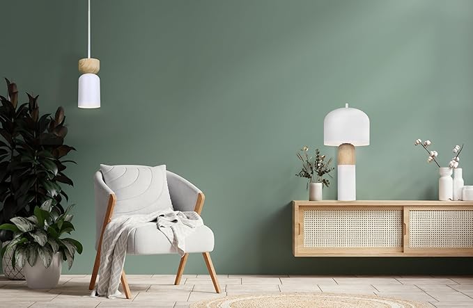 Canarm Caleb 1-Light Pendant Light, Matte White with Faux Wood Accent, Adjustable Rod Height, Minimalist Modern Lighting for Kitchen Island, Dining Room or Entryway