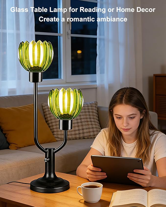 Lightdot Mid Century Modern Glass Table Lamp Black Dimmable U-Shaped Desk Lamps with Green Lotus Glass Shade& 2Pcs 3000K Warmwhite Bulbs Included Bedside Nightstand Lamp for Living Room Bedroom