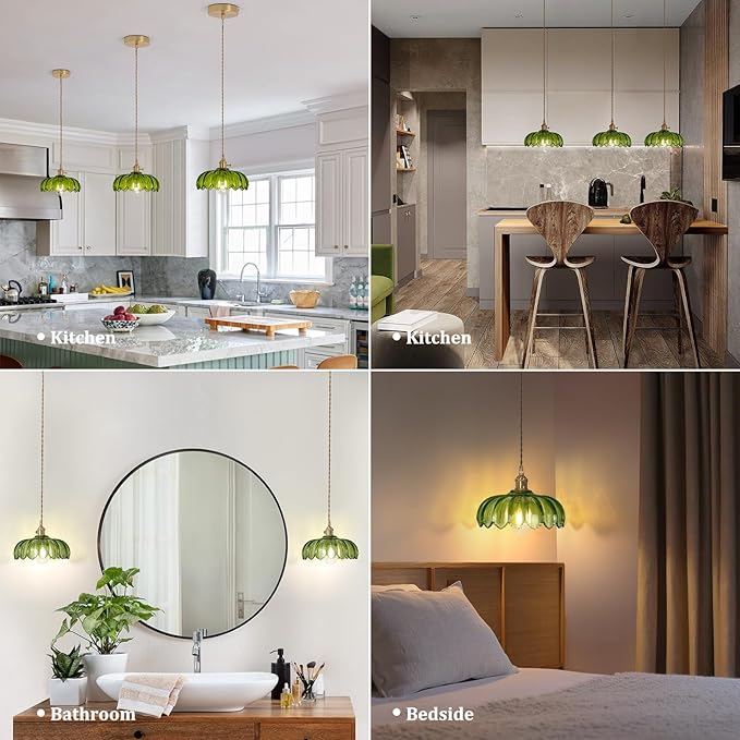 Pendant Light with Green Scindapsus Glass Lmapshade, Brass Vintage Pendant Light Adjustable Hanging Light for Kitchen Island Dining Room Hallway