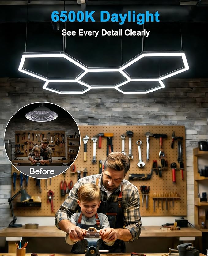 Garage Lights Hexagon led Lights DIY Ceiling LED Shop Light 91630LM for Basement Warehouse Workshop Barbershop Car Care Wash Room Auto Beauty Gym Exhibition Hall 14 Grids with Rectangle Frame 6500K