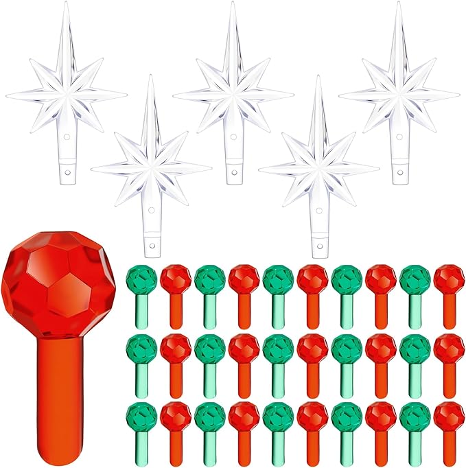 Boao 100 Pcs Ceramic Christmas Tree Bulbs with 5 Pcs Star Topper Light Ornaments Round and Heptagram Christmas Replacement Lights Bulbs for Village Xmas Tree Topper Decorations(Red and Green)
