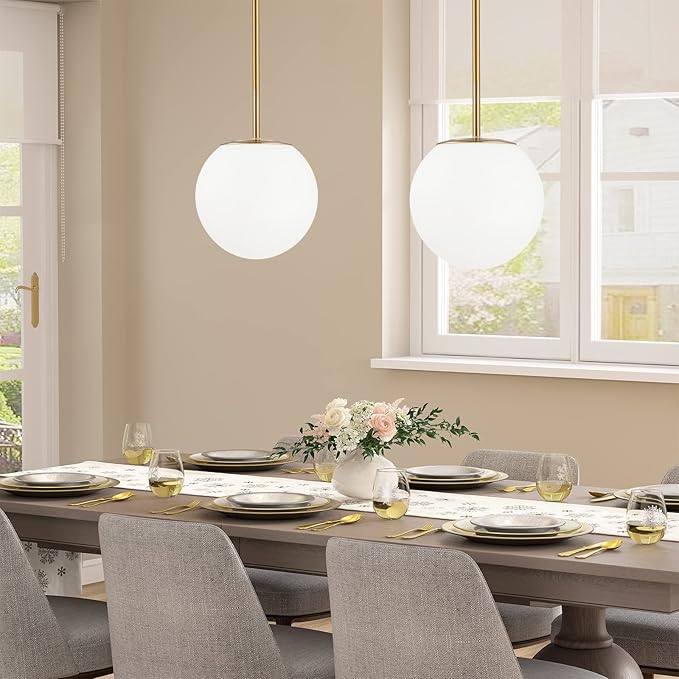 Modern Globe Pendant Light Mid Century Opal Glass Hanging Light Fixture Gold Finish, 2-Light Glass Pendant Lighting for Kitchen Island Dining Room Bedroom Hallway and Bathroom