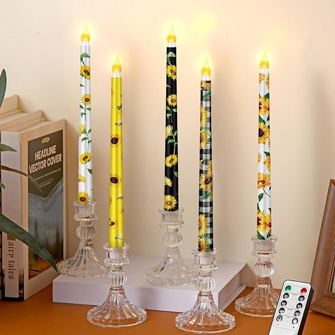 5 Pcs Sunflower Flameless Taper Candle Set Sunflower Gift for Women Floral LED Flameless Candles with Battery Operated Remote Seasonal Celebration Candles for Home Decor Holiday Spring Summer