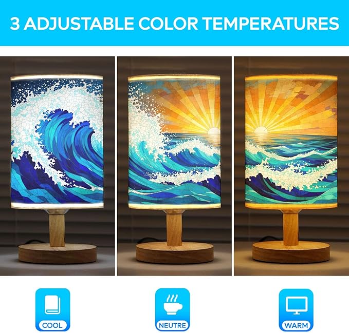 Sea and Ocean Waves Table Lamp LED 3-Color Pressed Bedside, Sea and Ocean Waves Shade Lamp with Wood Base for Bedroom Living Room Desk Office TL01