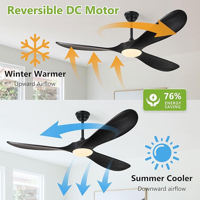 Haipeel Ceiling Fans with Lights, 60 Inch Solid Wood Black Ceiling Fans with Lights and Remote Control for Outdoor Ceiling Fan with Light Propeller for Porch Farmhouse, DC ETL Listed, Matte Black