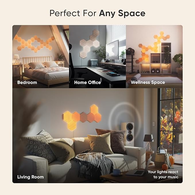 Nanoleaf Elements Wood Look Smart Wall Lights, Hexagon LED Wall Lights work with Alexa Google Assistant, Home Wall Decor for Living Room with Music Sync, Touch Control, Ambient White 1500-4000K, 13 PK