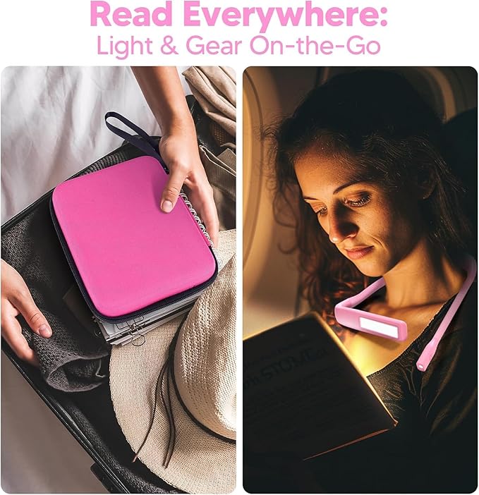 Pink Neck Light with Storage Case, Mothers Day Gifts for Wife Women Book Lovers Knitters Crafters, 10-80Hrs Eye-friendly Book Reading Lamp Knitting Crochet Sewing Craft Light Rechargeable Adjustable