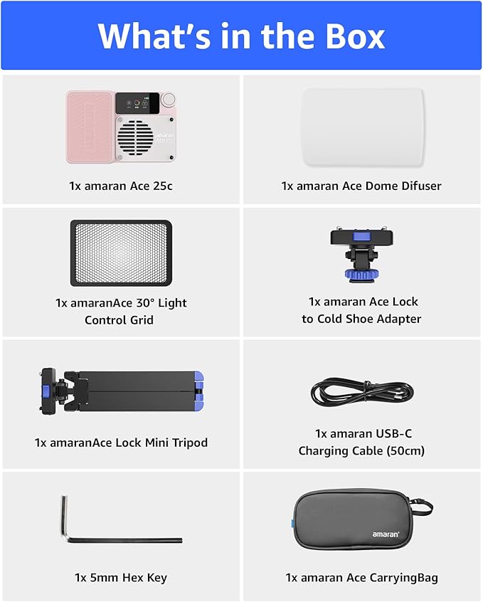 amaran Ace 25c Kit RGB Pocket LED Light,Boost Mode to 32W Mini On Camera Video Light,2300K~10000K Support Magnetic Attraction and App Control with Carrying Case,Mini Tripod,Grid (Pink)