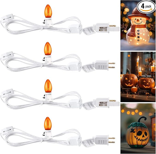 Meonum 4 Pack Accessory Cord with Single C7 LED Light Bulb, 7.6FT Blow Mold LED Light Cord with On/Off Switch for Halloween Pumpkin Christmas Village Paper Lantern Holiday Ceramic Trees