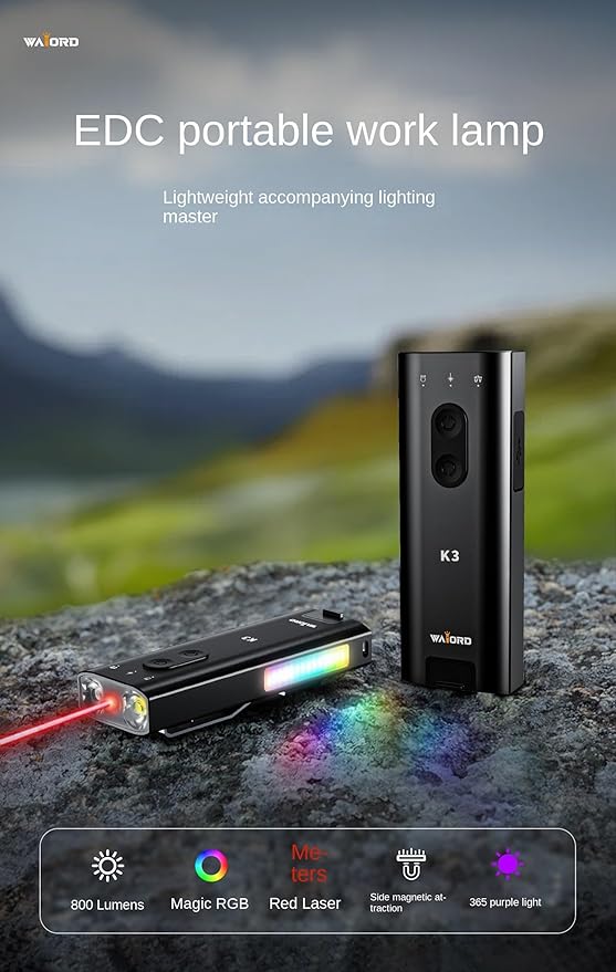 K3 EDC Flashlight with White Beam, Red Beam & 365nm UV, RGB Ambient Side Light, Magnetic Side, Built-in Electric Lighter, Rechargeable Compact Torch with Lanyard for Outdoor & Emergency