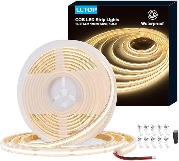 COB LED Strip Lights Waterproof IP67 DC24v Natural White 4000K 16.4ft/5m High CRI 92Ra+ Outdoor LED Tape Lighting DIY Cuttable for Bedroom Kitchen Cabinet Shelf (Power Supply Not Included)