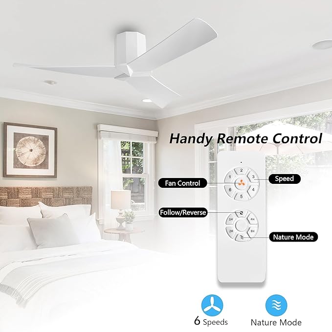 52" Ceiling Fan no Light - Gloss White DC Flush Mount Ceiling Fan, 3 ABS Plastic Curved Blades, 6 Speed Reversible DC Motor, Hugger Ceiling Fans No Light for Kitchen, Bedroom, Living Room
