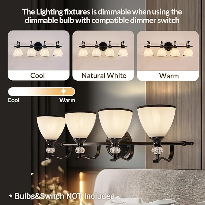 ANDY STAR Modern Bathroom Light Fixtures, 4-Light Vanity Lights, 28 inch Farmhouse Wall Sconces, Black Wall Lamp with Milky Glass, Well-Made Bathroom Lighting Fixtures Over Mirror for Living Room