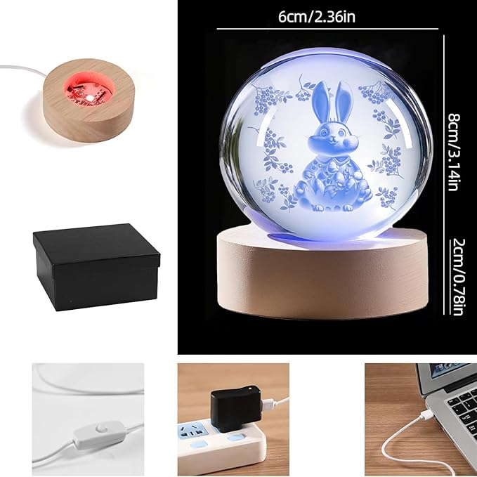 Easter Light up Bunny 3D Crystal Ball 60MM Rabbit Decor Sphere Figurine Collectibles Glass Art Animal Night Light for Kids