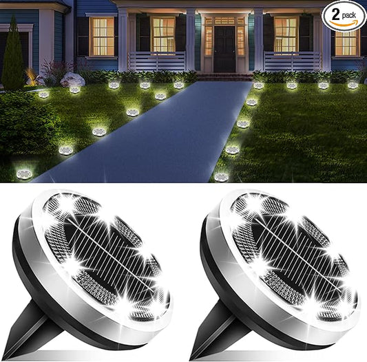Solar Lights Outdoor Waterproof, 2 Pack 8 LED, Thickened Stainless Steel Ground Light, Solar Garden Lights Landscape Lighting for Patio Pathway Lawn Yard Deck Driveway Walkway, Cool White