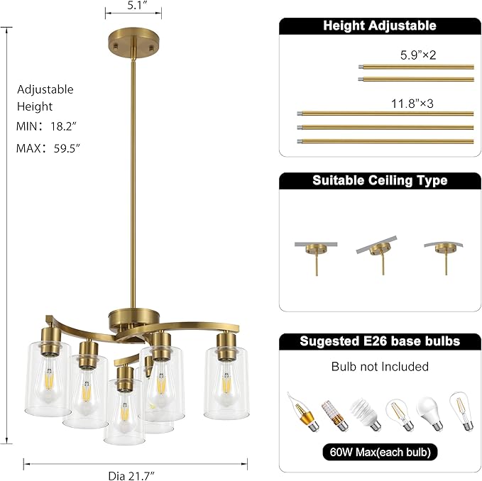6 Light Gold Dining Room Light Fixture，Modern Farmhouse Kitchen Chandeliers Over Table，Adjustable Height Hanging Pendant Lighting for Kitchen Island ，with Glass Shade