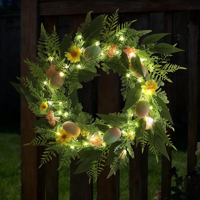 20 Inchs Easter Wreath for Front Door, Decor with Easter Eggs, Flowers & Leaves, Come with Hanger/Hook, 50LED Lights, Timer, for Outdoor Indoor Wall Window, for Spring Summer Hoilday, Gift
