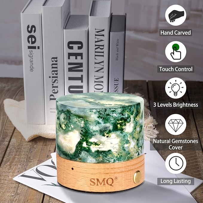 SMQ Moss Agate Crystal Night Light with USB Charging Port,Handmade Polished Healing Crystal Stones Lamp Cylindrical Touch Night Light for Living Room,Shelf,Office Decor