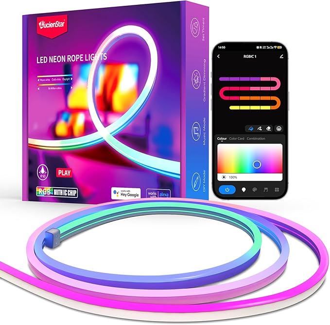 RGB+IC Neon Rope Lights, 16.4 ft Smart LED Rope Light with Music Sync, Works with Alexa, Google Assistant, Custom DIY Flexible Neon Strip Lights for Bedroom, Wall Decor (2.4G WiFi Only)