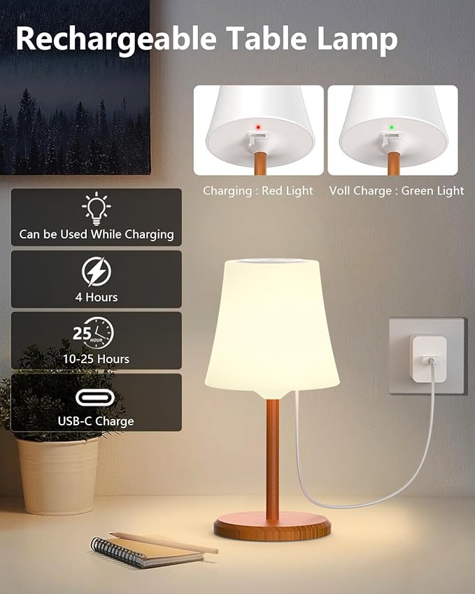 Cordless Shower Lamp IP54 Waterproof Outdoor Rechargeable Table Lamp 4000mah Small Battery Operated Lamps Touch Dimmable RGB Lamp for Bathroom Kitchen Restaurant Patio Camping, Wood Grain