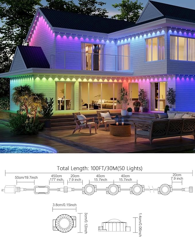 EJ's SUPER CAR Permanent Outdoor Lights, 100ft Smart Eave Lights with RGB LED Light, IP67 Waterproof, App Control, DIY RGB Light for House Halloween Decorations