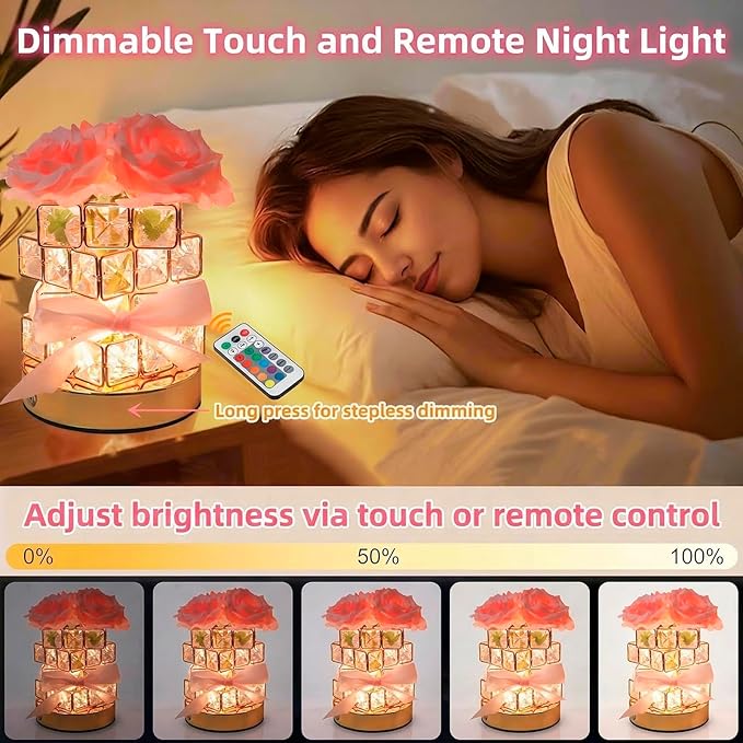 Crystal Table Lamp, Rechargeable Cordless Rose Light, with Touch & Remote Control Dimming - 16-Color Dimmable, Birthday Gifts for Women, Mom, Wife, Living Room, Bedroom Decor