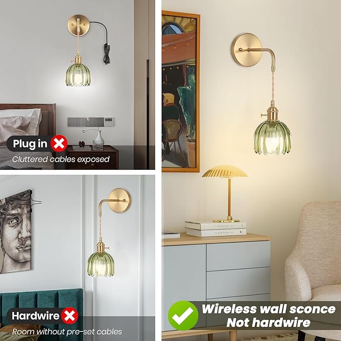 Battery Operated Wall Sconce, Indoor not Hardwired Wall Sconces Deep Green Glass Lampshade with RGB Dimmable, Wall Sconces Set of Two with Remote, Vintage Wall Lamp, for Bedroom Living Room