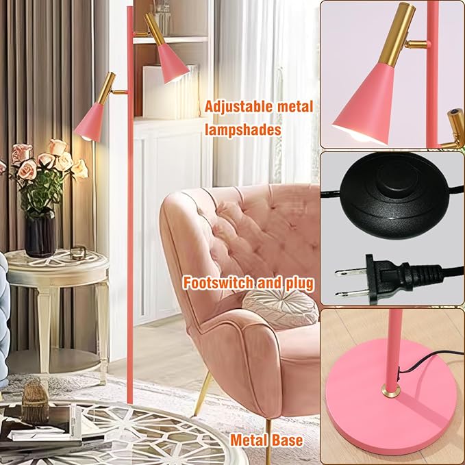 Modern Floor Lamp with 2 Adjustable Head Tall Pole Uplight for Living Room, Bedroom, Office,Pink and Gold Corner Light for Reading (Pink and Gold)