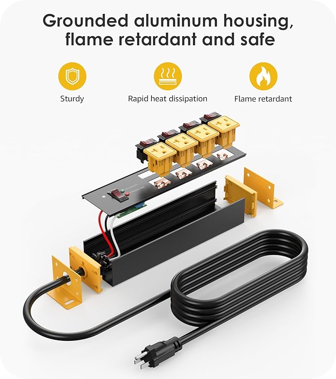 CCCEI Heavy Duty Surge Protector Power Strip 20 Amp Individual Switches. 4FT 12 Gauge Extension Cord with Multiple Outlets. Kitchen, Garage, Shop, Industrial Wall Mount Electric Extender, Yellow.