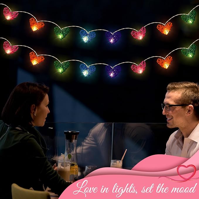 Heart String Lights for Wedding Birthday Party - 3D Hollowed Rattan 9.8ft 20 LED Candy Color Love Lights, Battery Powered, Multi-Color