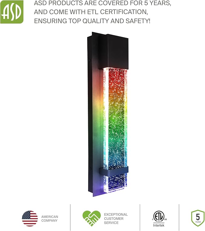 ASD LED 18 Inch Bubble Glass Wall Light Fixture | 9W 250LM RGB-3000K-5000K 100-277V | Multicolor, Waterproof, ETL Listed | Exterior Flush Mount Sconce, Outdoor-Indoor Lighting | Black