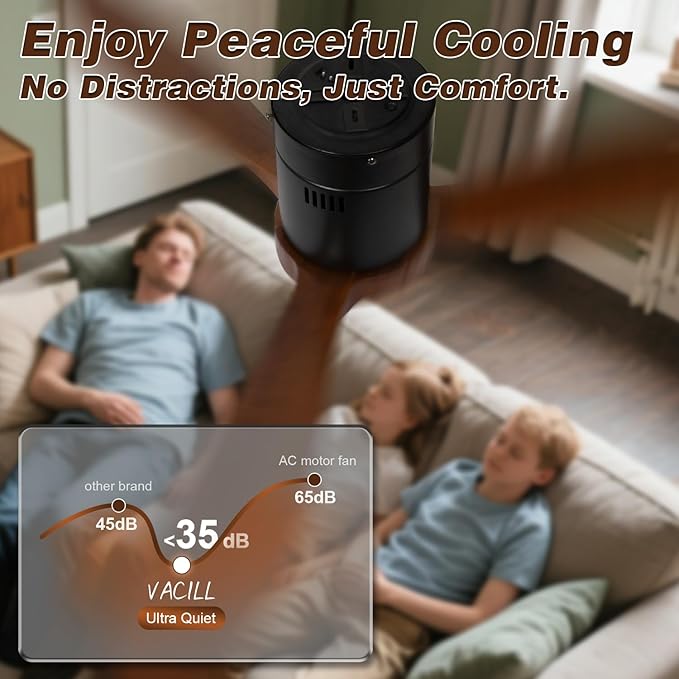 VACILL Wood Flush Mount Ceiling Fan with Light and Remote, 52 inch Low Profile Wooden Fan with 3 Blades, 6 Speed, LED Dimmable, Reversible DC Motor (Dark Brown, Wood)