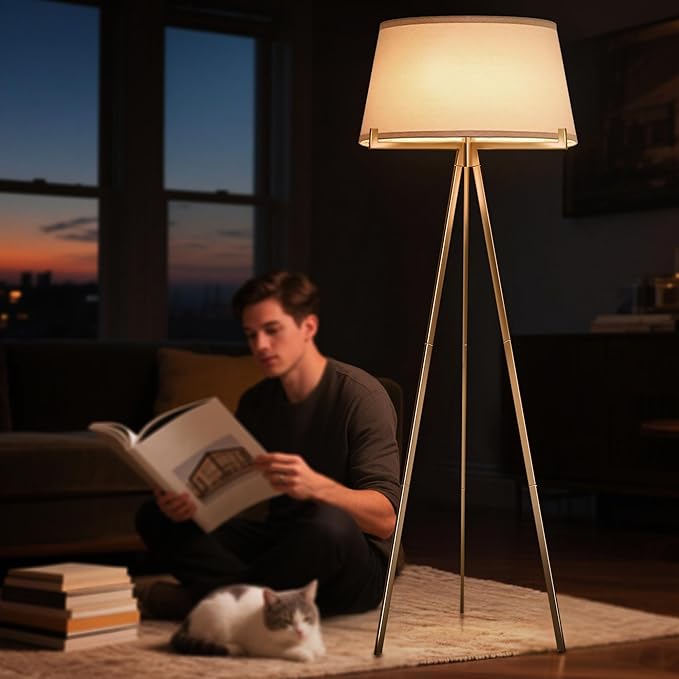 Tripod Floor Lamp with Linen Drum Shade, Tripod Lamps for Living Room，Mid Century Modern Floor Lamp，Modern Polished Brass Finish Reading Standing Lamp for Living Room, Bedroom, Office