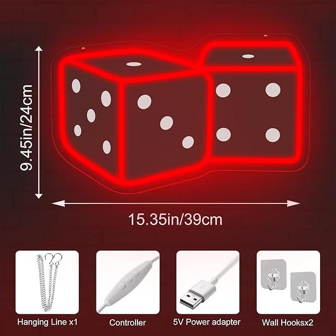 Dice Neon Sign – 14.57″ × 9.45″ Adjustable Brightness Neon Signs for Wall Decor – Red LED Wall Light for Bedroom, Bar, Game Room, and Home Decoration