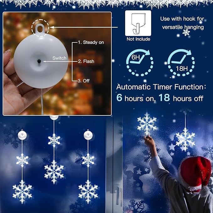 suddus Christmas Window Lights Decorations, 2Pcs Battery Operated Snowflake Lights with Suction Cup, Timer & 2modes Hanging Christmas Light for Tree, Indoor, Holiday, Fireplace, Wall, Cool White