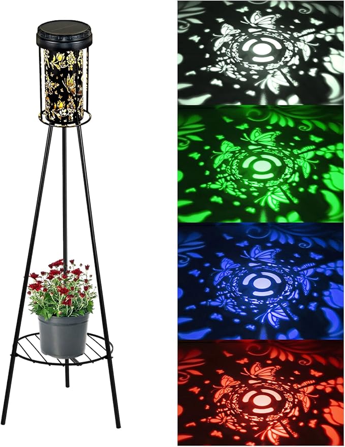 Solar Floor Lamps Outdoor RGB Butterfly Projection Metal Cordless Floor Lamp with Plant Stand,42.48 Inch Waterproof Decorative Garden,Patio,Porch,Yard,Path,Light,Black