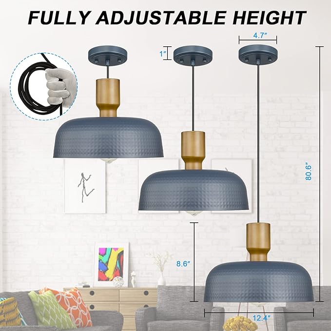 Darkaway Pendant Light Fixtures Ceiling Hanging with Hammered Metal Shade, Modern Pendant Light for Kitchen Island Lighting Hanging Lamp Adjustable Height, Medium 2 Pack