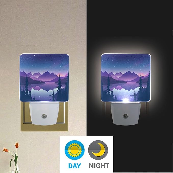 Purple Mountains Waters Night Light 2 Pack Dusk to Dawn Sensor Led Lamp for Women Men Night Lights Plug into Wall Decor for Bedroom Kitchen Corridor, 0.5W