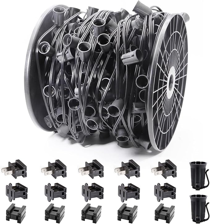 250FT C9 Outdoor String Light Stringer, E17 Socket 12" Spacing, C9 Christmas Stringer Set Spool Black Light String for Wedding Patio Event Lighting Decor, Black Wire