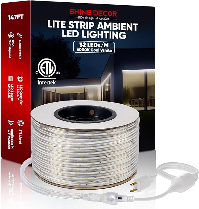 Shine Decor LED Strip Lights 108w Low Consumption, Cold Resistant IP65 Waterproof Outdoor Rope Light 120 VAC, Cuttable Connectable Indoor Lite Lighting Strip 147 FT ETL Listed 7x10mm 6000K Cool White