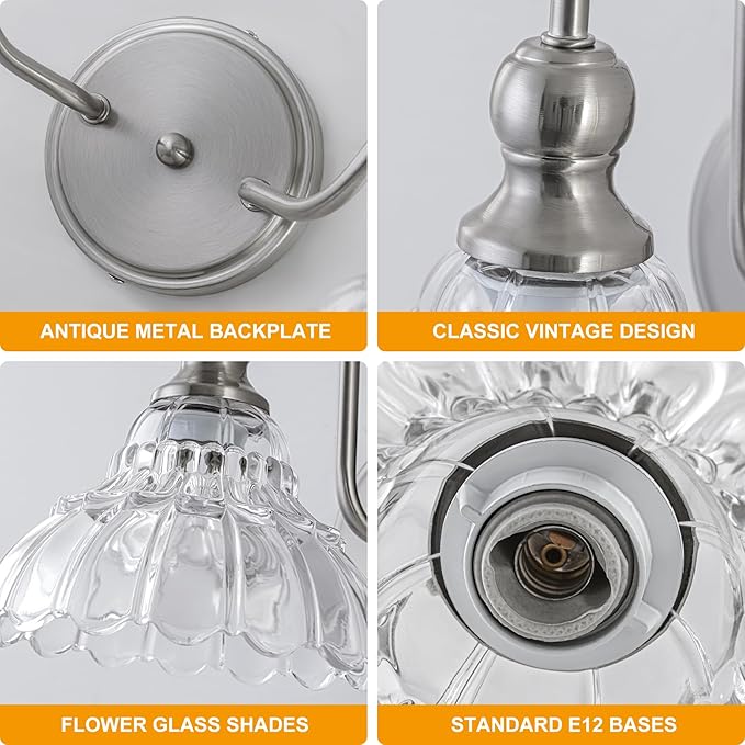 Vintage Bathroom Light Fixtures Over Mirror, 2-Light Brushed Nickel Wall Sconce Lighting with Flower Glass Shade, Farmhouse Vanity Lights for Bedroom Kitchen Living Room Hallway Light