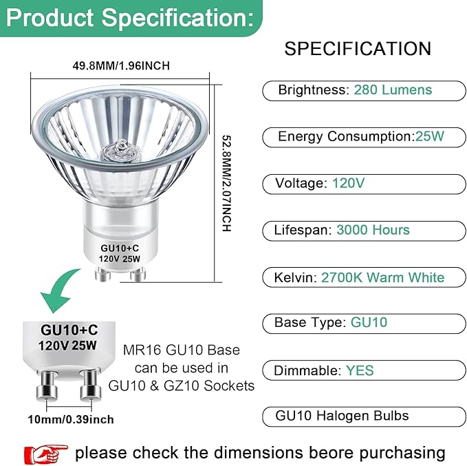 TAIYALOO NP5 GU10 120V 25W Bulb Candle Warmer, 6 Pack GU10+C 120V 25W Bulbs with Glass Cover for Scent Wax Burner, Fragrance Melt, Warming Bulb MR16 JDR Dimmable, 2700K Warm White, Long Lifespan