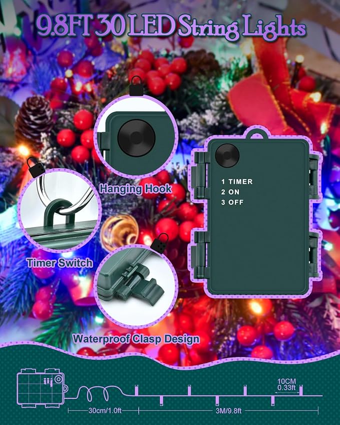Christmas Lights Outdoor with Timer, Battery Operated Christmas Lights 9.8ft 30LED Christmas Decorations for Small Mini Christmas Tree Multicolor