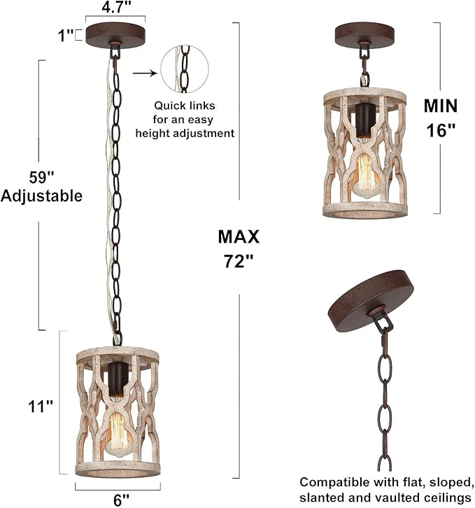 KSANA Wood Pendant Light, Farmhouse Rustic Cage Lantern Hanging Light Fixture for Kitchen Island, Foyer, Hallway, Bedroom and Entryway…