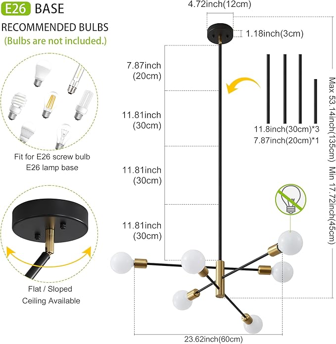 Sputnik Chandelier Mid Century Modern Industrial E26 Pendant Lighting Chandeliers Ceiling Light Fixture Black and Gold Light for Living Room,Kitchen,Bedroom,Dining Room and Farmhouse