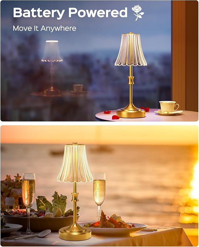 JACKYLED Vintage Cordless Table Lamp, Acrylic Crystal Flower Lamp Shade, 3 Colors Dimmable LED Golden Lamp, 5400mAh Battery Operated Rechargeable Lamp for Kitchen Counter Home Decor