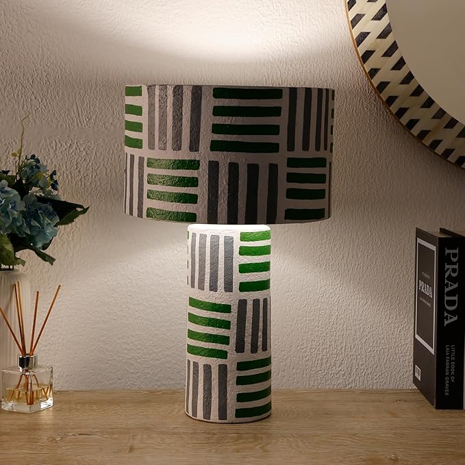 Handicrafts Home Handcrafted Paper Mache Table Lamp, 12x19” Modern Farmhouse Accent Table Lamp, Decorative Dome Bedside Nightstand Lamp for Bedroom Living Room, Small Sculptural Desk Light, Geo Grey